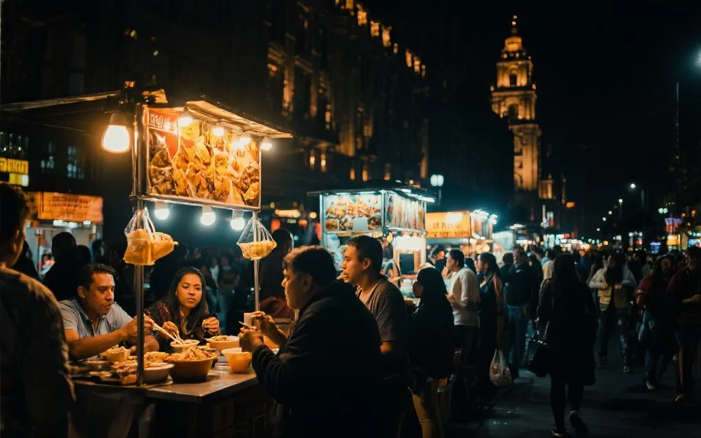 墨西哥城夜晚街头美食摊与微凉夜风中的人群